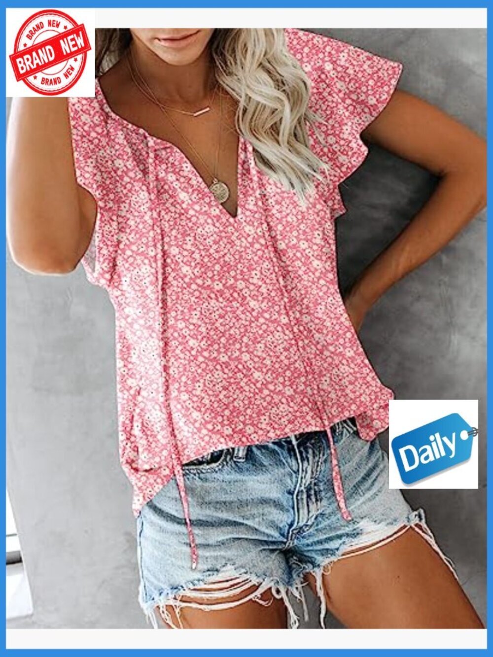 Boho Floral V-Neck Short Sleeve Blouse, Lightweight Polyester Summer Top - Picture 3 of 7